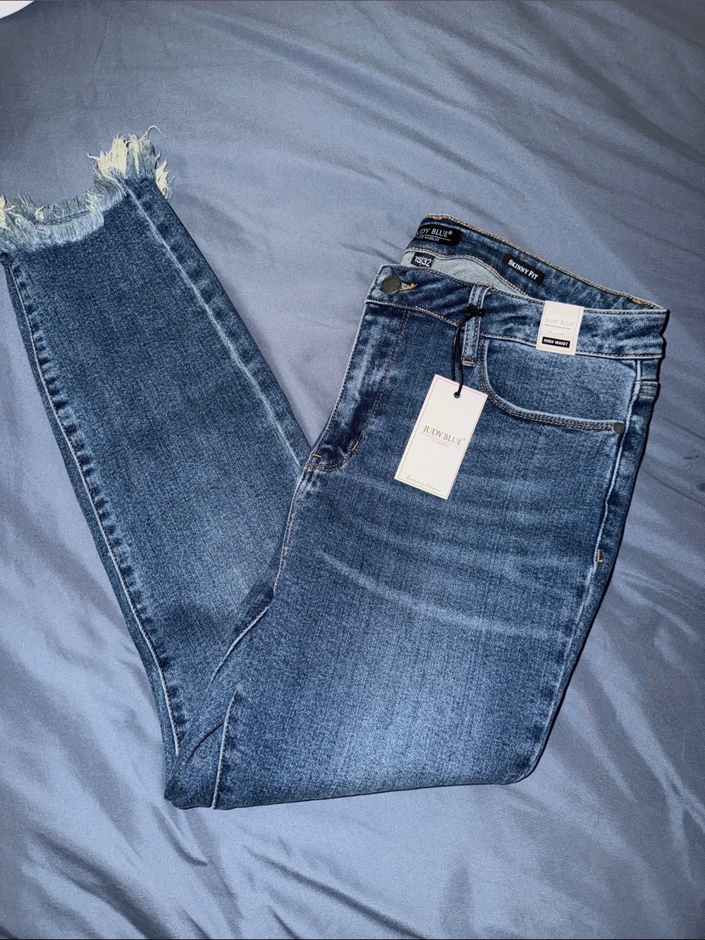 Judy Blue Dark Mid-Blue Skinny Jeans with Frayed Hem